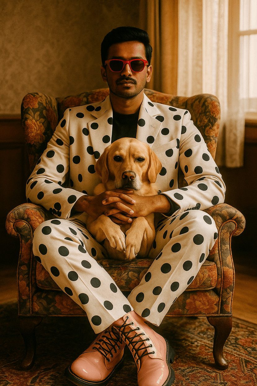 Confidence in Color: A Quirky, Editorial Portrait with Vintage Flair and a Loyal Companion after