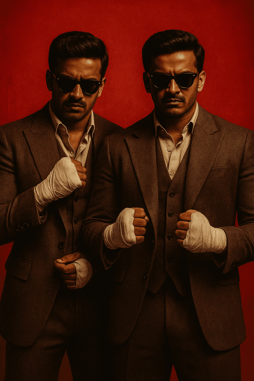 Ring Kings: Cinematic Boxing Duo in Brown Herringbone – Vintage Poster-Inspired Power Stance after