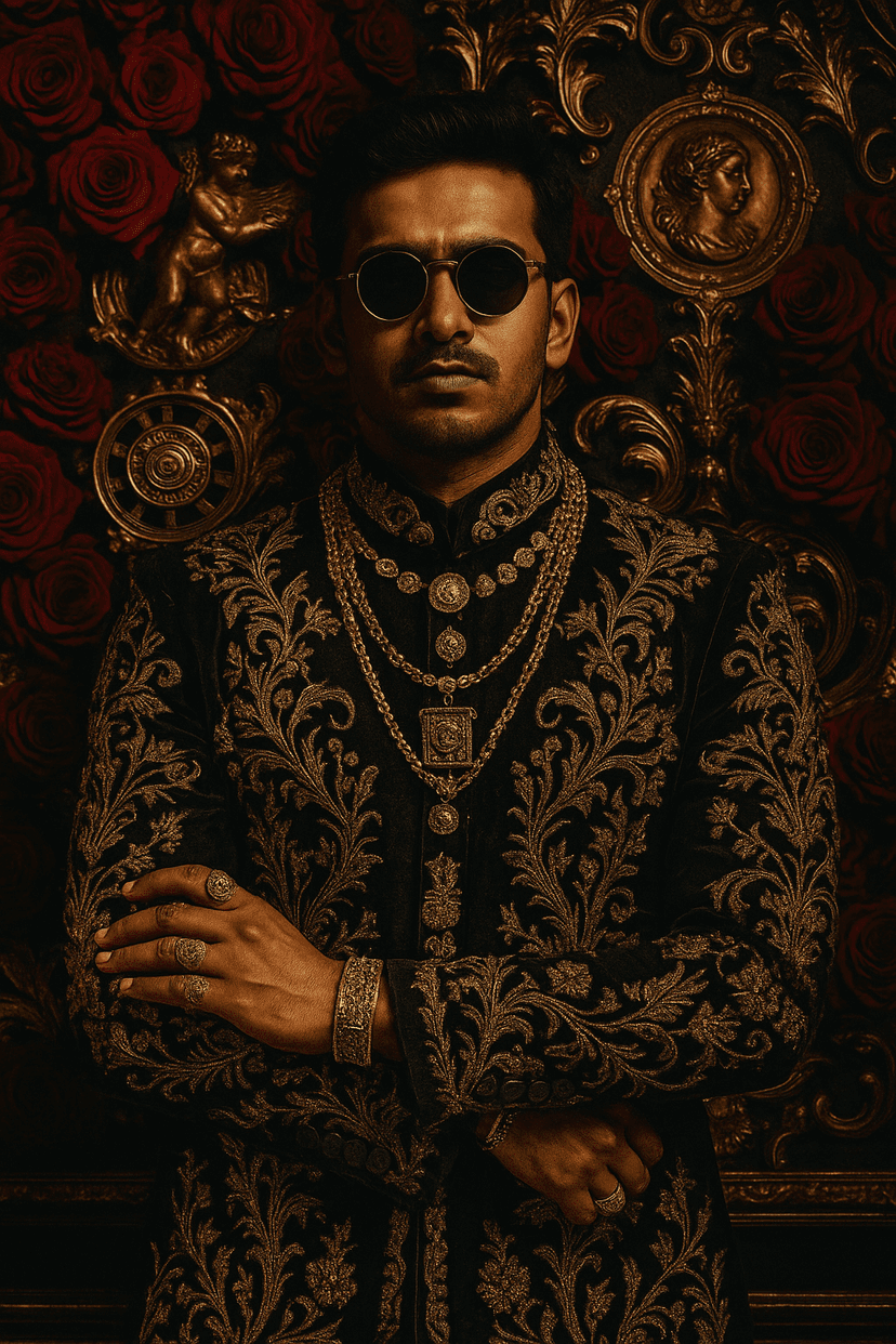 The Reign of Opulence: A High-Fashion Portrait Amid Baroque Splendor after