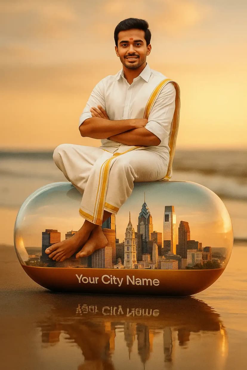Philadelphia Skyline in Capsule on Beach at Golden Hour after
