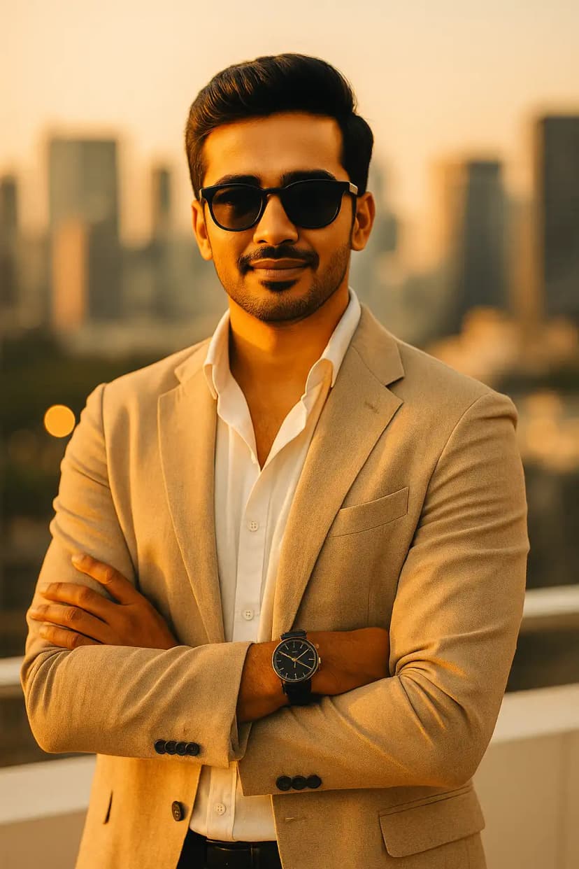 Luxurious Rooftop Portrait with Sunset City Bokeh after