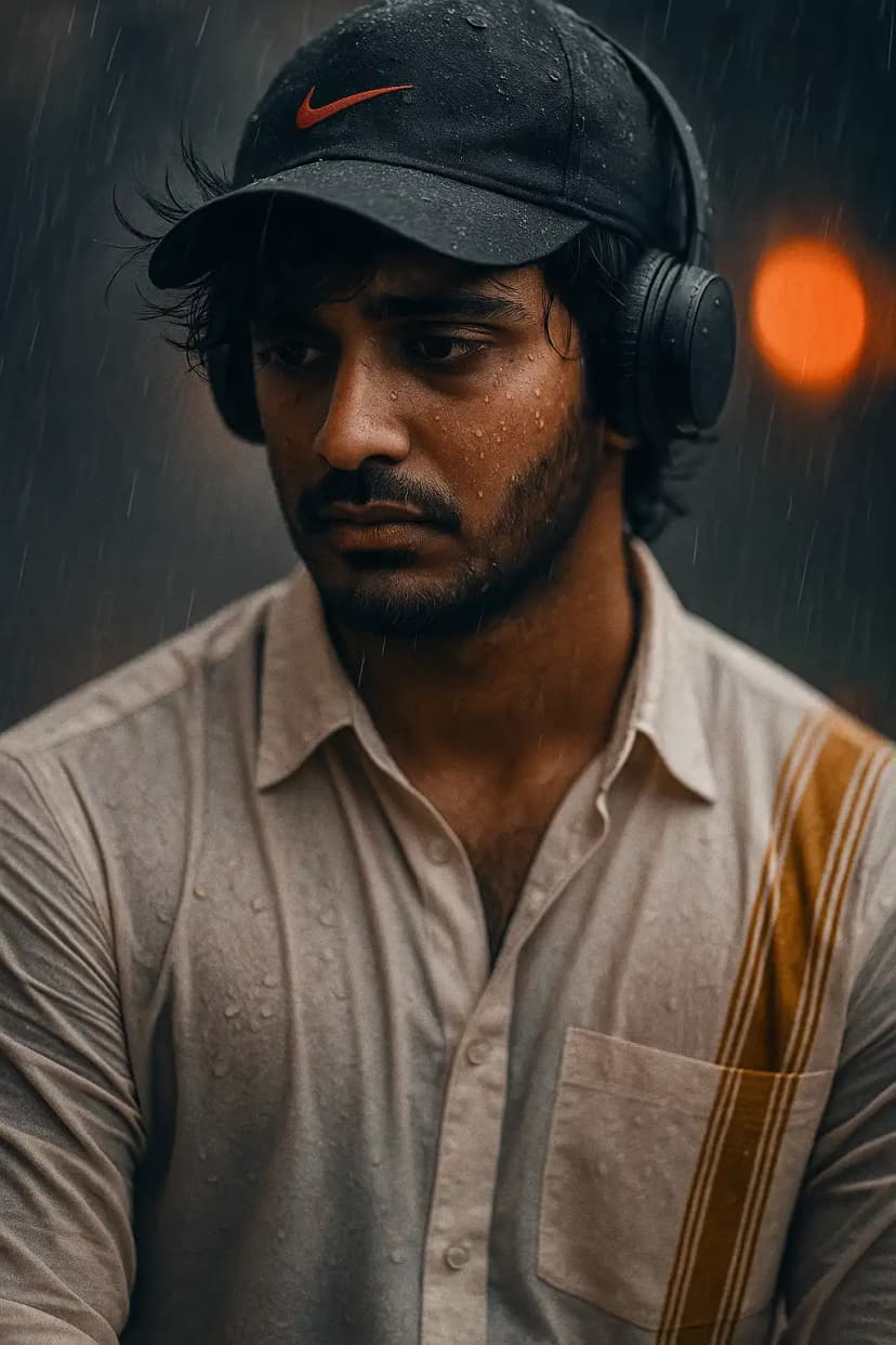 Melancholic Portrait in Rain with Nike Cap and Headphones after
