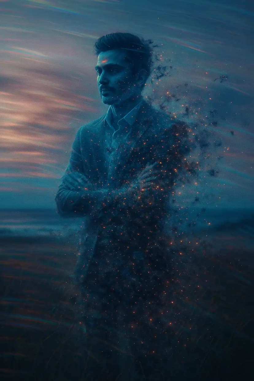 Misty Humanoid Figure Breaking Apart in Ocean Field after